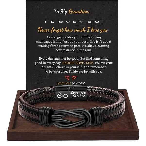 "To My Grandson" Bracelet "Love You Forever" | Brown Braided Leather Bracelet