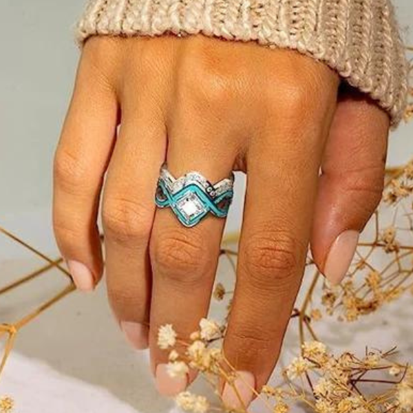 Turquoise Ocean Wave Ring | 2-Piece Ring With Zircon